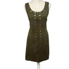 Cynthia Rowley Olive Green Dress Sleeveless Gold Studded Zip Front Size Large