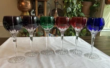 6 AJKA-Castile Albinka Assorted  Colors-Crystal  Cut To Clear Wine Glass 8 1/4"