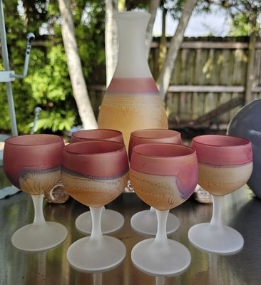 Vintage Schott Zwiesel White Frosted Multi Color Wine Decanter & 6 Glasses