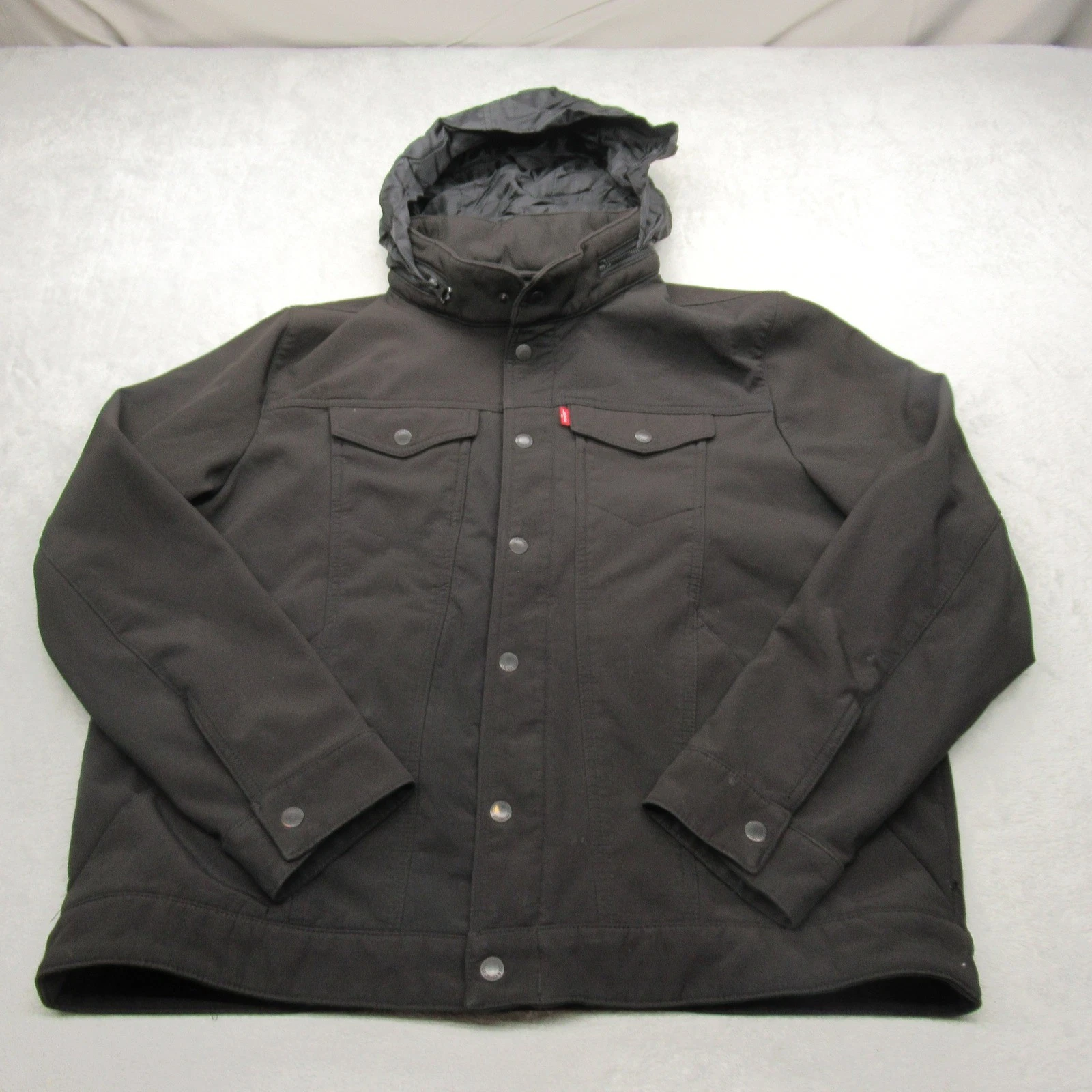 Levi Jacket Men Black XXL Black Hood FullZip Snap Work Softshell Water Resistant