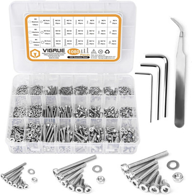 VIGRUE 1080Pcs Schrauben Und Muttern Set, 304 Edelstahl Metrische Schrauben Set,