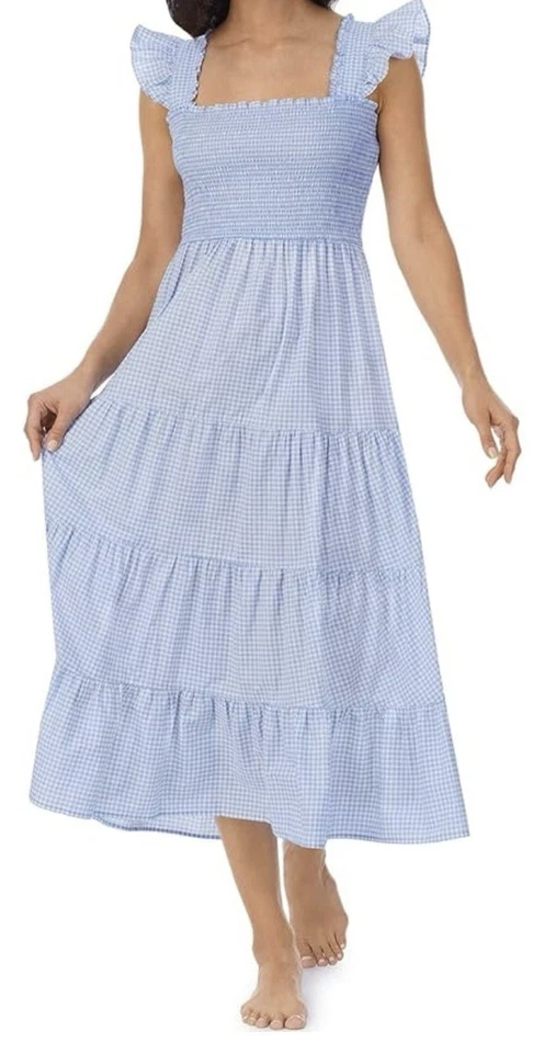 EILEEN WEST Sz L BLUE GINGHAM Check GRACE SLEEP DRESS SUN DRESS NEW - Image 4 of 4