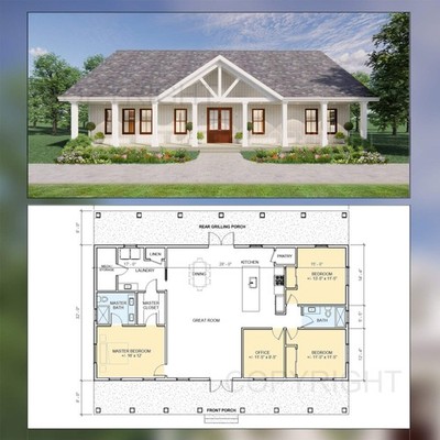 Lakeview House Plans - Open Plan Design - Modern Farmhouse 3 Bed/2 Bath + Home o