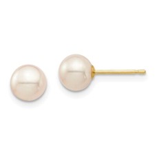 14k Yellow Gold 6-7mm White Round Freshwater Cultured Pearl Stud Earrings 0.1gm