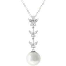 Silvertone Rhodium Plated Brass Butterfly and Pearl Drop Pendant 16 2" Necklace