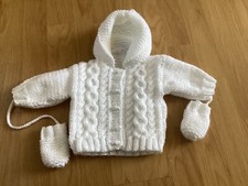Baby New Hand Knitted Hooded Cardigan with Aran Pattern & Mitts O-3 Months WHITE