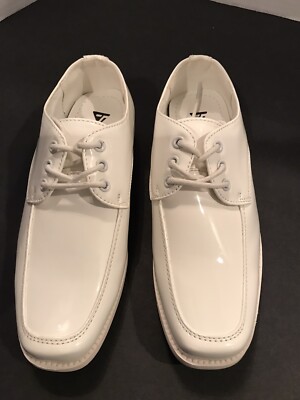 Boys size white tuxedo dress shoes faux patent leather square