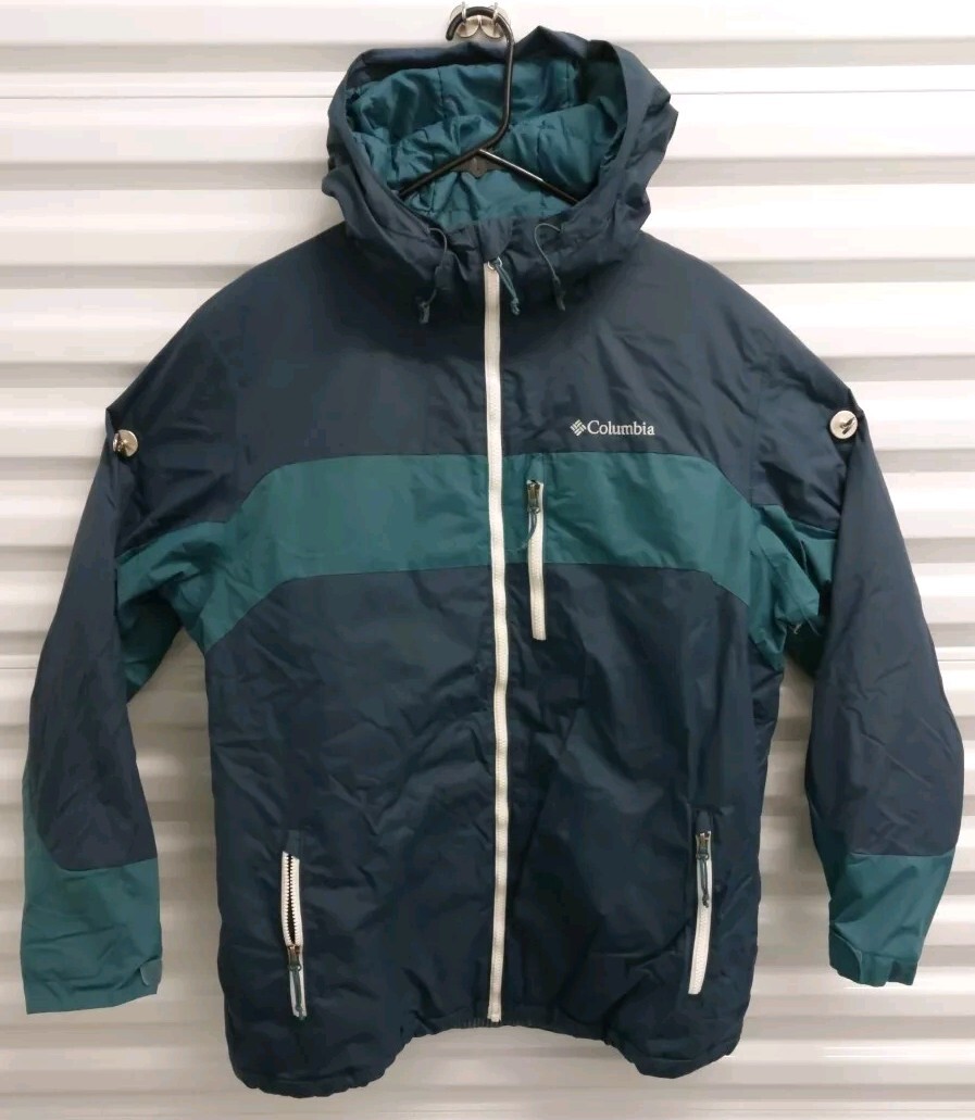 Columbia Mens Thermal Coil Hooded Jacket Size L Blue Full Zip Pockets EUC 