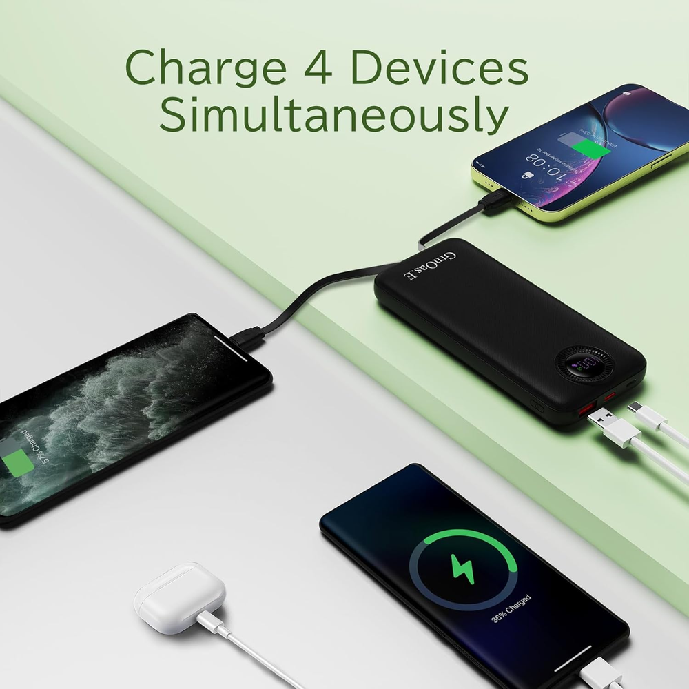 10000mAh 22.5W Power Bank with Built-in Cables, 4 Outputs, 2 Inputs
