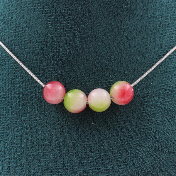 Steine Und MinéRaux. Halskette 4 Perlen Turmalin Melon Wasser 8 Mm Kette In Aci-image