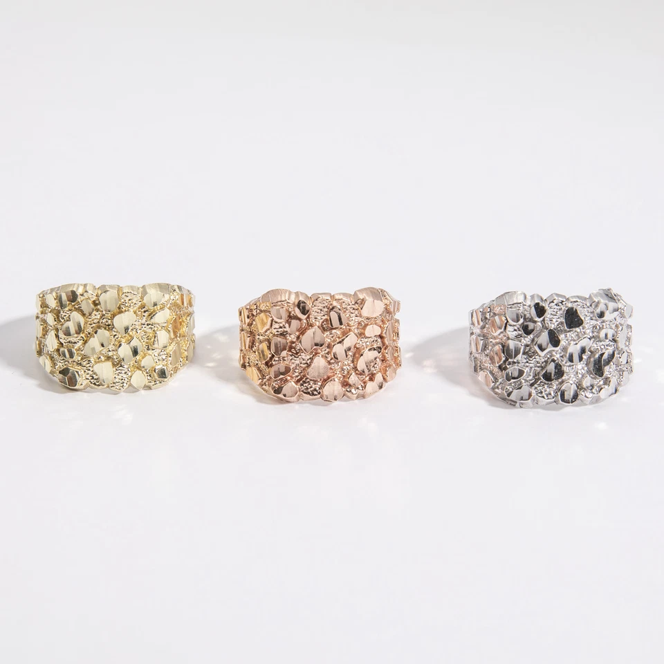 Anillo pepita cuadrada grande de oro macizo de 10K oro amarillo blanco rosa Foto 2 de 4