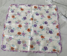 Vintage Ladies Handkerchief Purple Crocheted Edges Purple Pink Orange Flowers