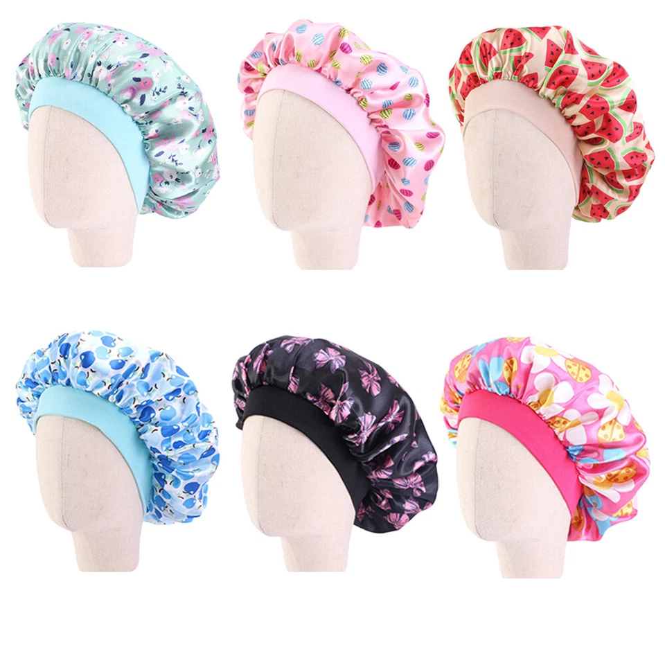 Satin Bonnet Night Sleep Cap Kids Girl Hair Care Elastic Wide Band Headwear Hat