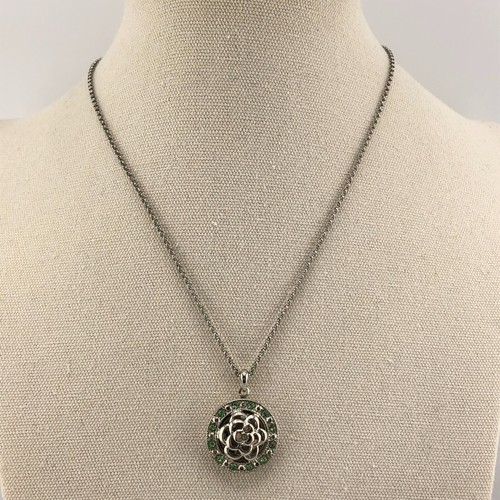 Floral Locket Pendant Necklace Green & Silver Tone Round Floral Design Festival - Picture 2 of 15
