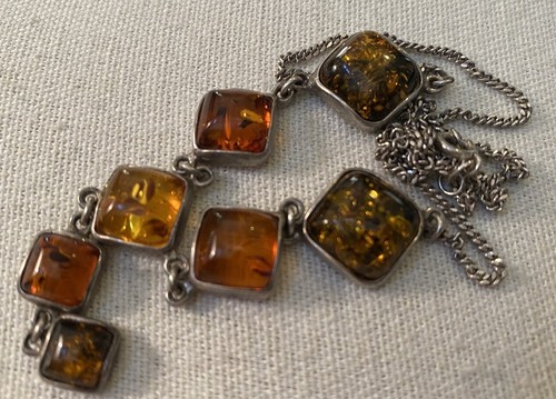 Sterling Silber Cabochon Quadrat Bernstein Y Tropfen Halskette 16,5" Multi Color - Bild 4 von 4