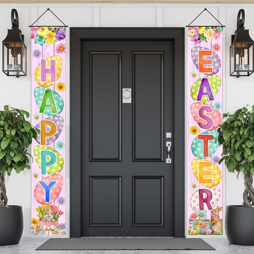 Easter Porch Banner Bunny Egg Rabbit Daisy Party Front Door Sign Wall Hanging