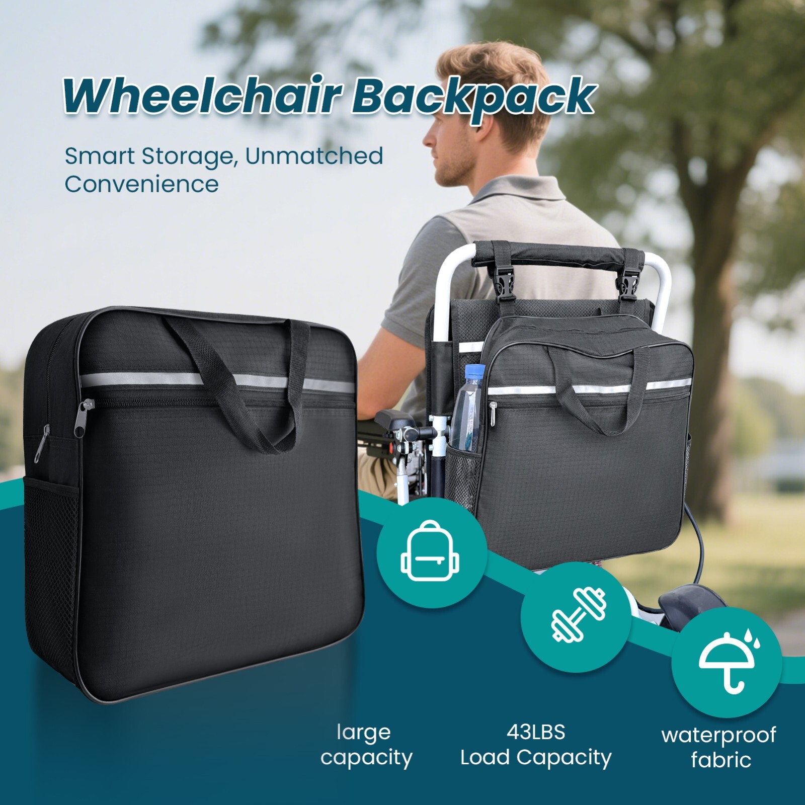 Large Capacity Backpack for Wheelchairs and Mobility Scooters, with Cup Holder