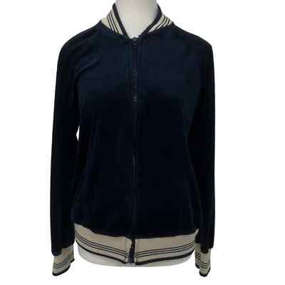Vintage 70's Track Jacket Terry Cloth Velour Full Zip Navy Stripe