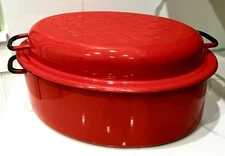 VTG POLISH HUTA SILESIA Enamelware Roaster Pan Dutch Oven Red 15”L 4.75”H 11 Lbs