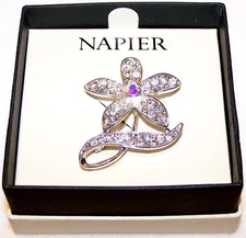 New in Box NAPIER Silver Sparkling Rhinestone Aurora Borealis Flower Pin Brooch