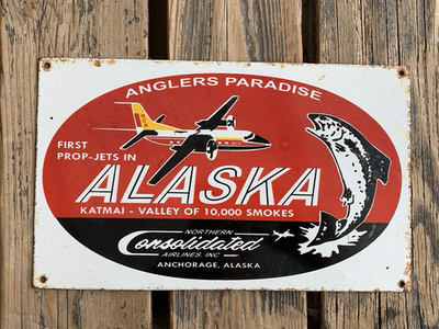 #ad #ad VINTAGE ANGLERS PARADISE ALASKA PUMP STATION GASOLINE PORCELAIN GAS OIL SIGN $158.00