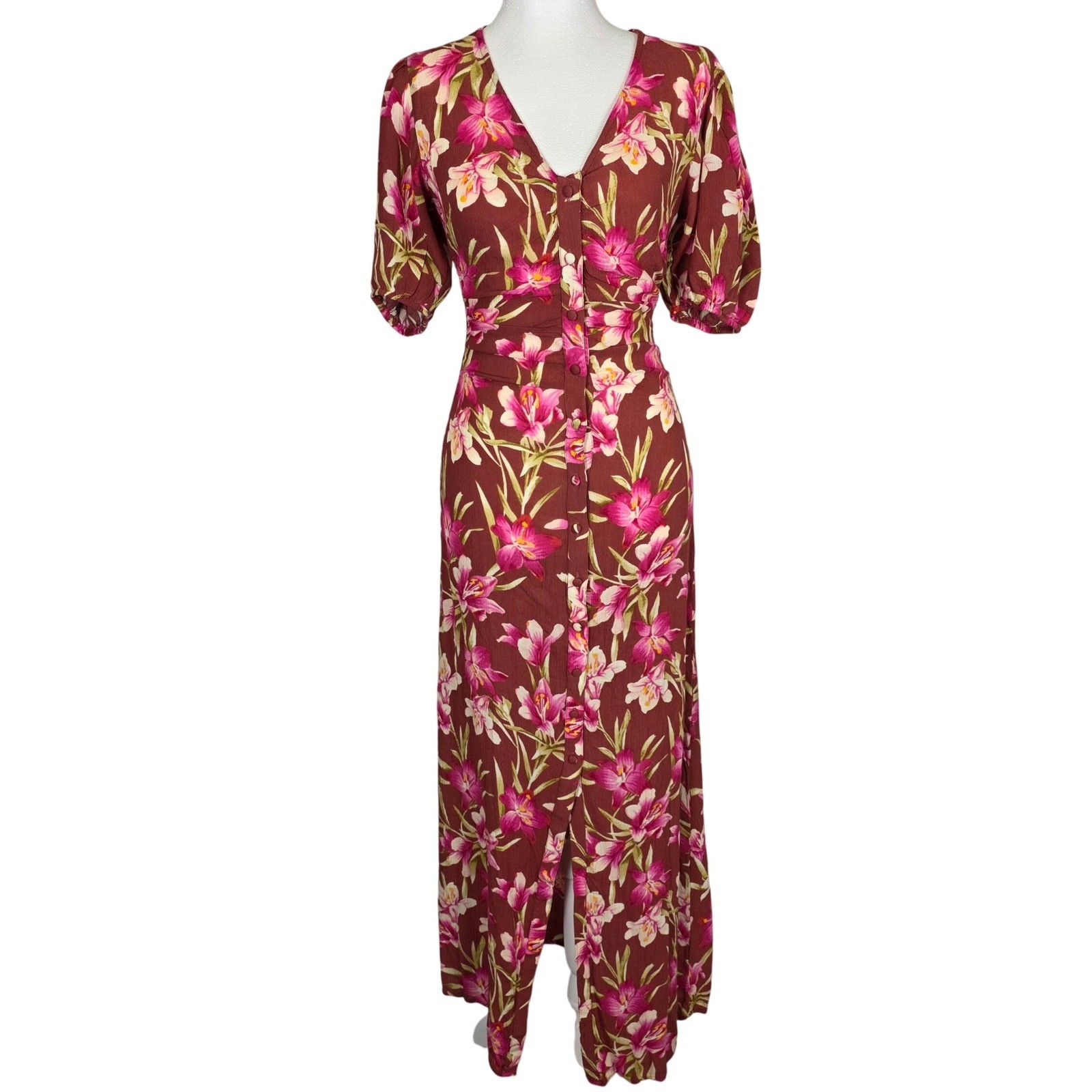 Faherty Sorrento Maxi Dress Women XS Majorica Floral Print Button Front V Neck