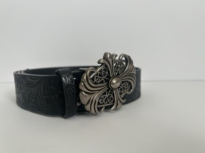 Chrome Hearts Men's Black Floral Embossed Adjustable Belt Silver Buckle 38