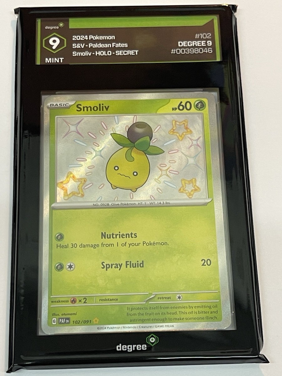 Pokemon TCG Paldean Fates Smoliv 102/091 Graded Degree 9 Mint Holo Secret Rare | eBay Pokemon TCG Paldean Fates Smoliv 102/091 Graded Degree 9 Mint Holo Secret Rare | eBay