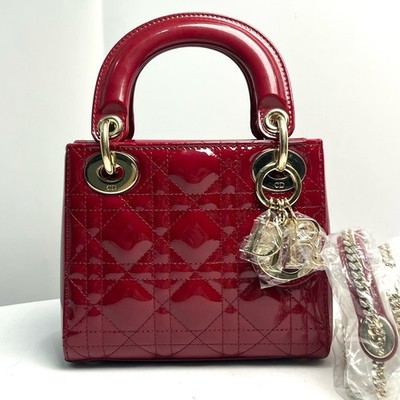 Dior Red Patent Leather Gold Hardware Lady Dior Top Handle Crossbody Bag
