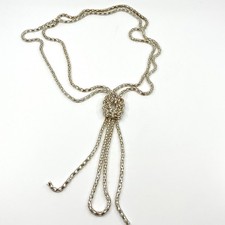 VTG Silver Tone Mesh Lariat Necklace Retro Knot Tassel Boho Statement Jewelry