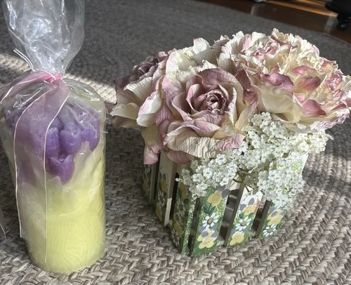 Sonoma Floral Candle W Tags & Paper Flower Arrangement In Square Floral Basket