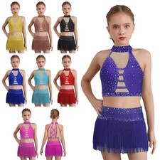 Girls Latin Dance Fancy Dress Up Dance Outfits Contemporary Fringe Skirt Gift