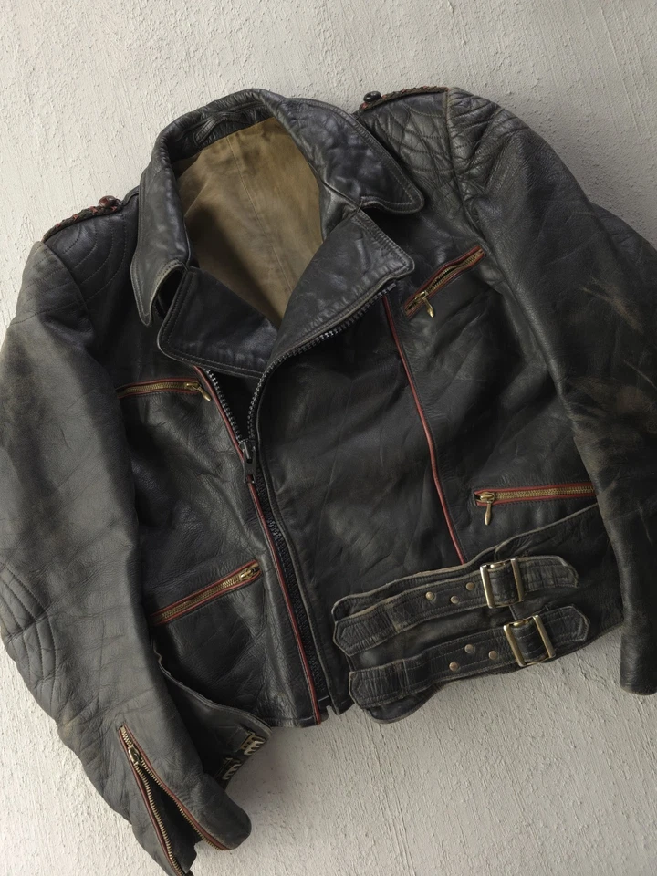 Vintage 1950s German Luftwaffe Style Leather Motorcycle Jacket Black Red M - Image 2 of 4