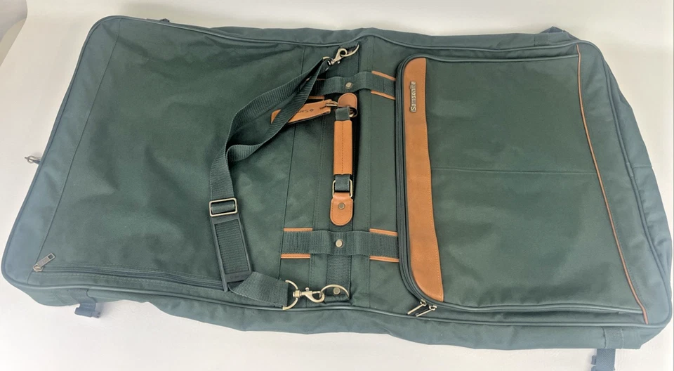 Vintage 1994 Samsonite Evergreen Hanging Garment Bag Green Brown Leather Luggage - Image 2 of 4