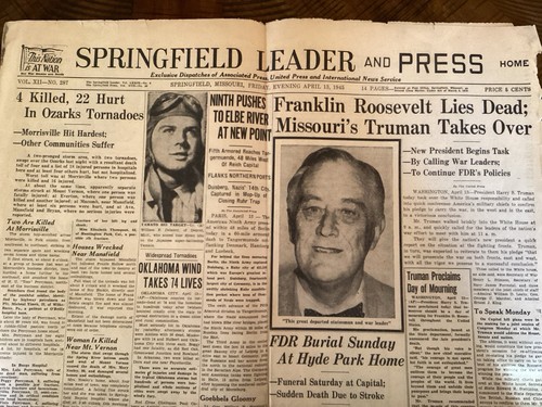 1945 Springfield Mo News Paper Roosevelt Dead Truman Takes Over