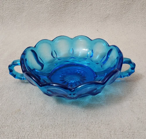 Vintage Anchor Hocking Fairfield Aqua Blue Glass Bowl Candy Dish with Handles