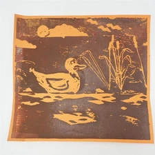 Original Screenprint Ink Print Art Duck on Pond