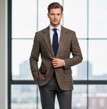 VTG 70s 80s Camel Hair Blazer Glen Plaid Brown Classic 44L Sport Coat Jacket