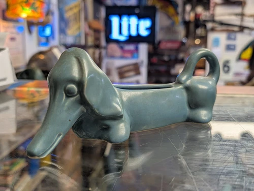 Daschund Dog Planter Red Wing Pottery 1342 USA Pot Vase Blue Dachshund