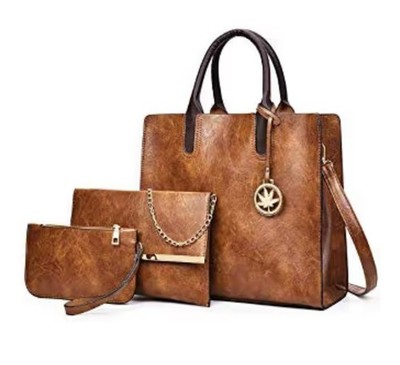 Damen 3-teiliges Handtasche Set braun Kunstleder Beuteltasche Schulter Umhängetasche