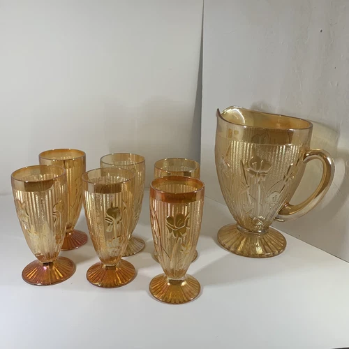 Jeanette Iris & Herringbone Marigold Pitcher & 6 Iced Tea Glasses Carnival Glass