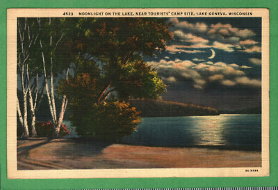 Postcard Moonlight On The Lake Near Tourists Camp Site Lake Geneva Wisconsin WI