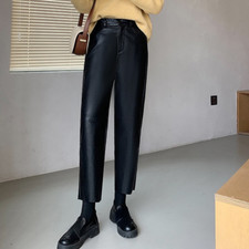 Donna PU Ecopelle Ninth Pantaloni Gamba Dritta Pantaloni Tasca Vintage