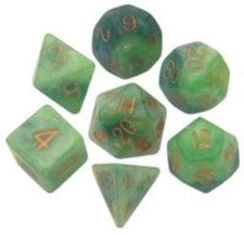NEW 7 COUNT 16MM POLY DICE SET, GREEN-LT GREEN W/GOLD