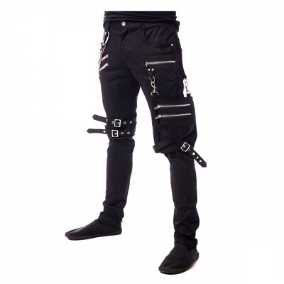 Puritues Men's Gothic Slim Fit Bondage Metallic Buckle Zipper Black Chain Pants