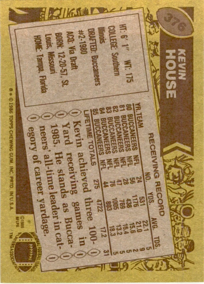 1986 TOPPS! KEVIN HOUSE* TAMPA BAY BUCCANEERS #376 - Image 2 of 2