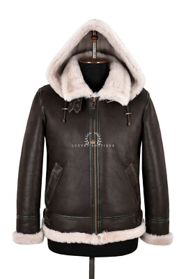 Klassische Lammfell B-3 Bomberjacke mit abnehmbarer Kapuze Herren Lammfelljacke