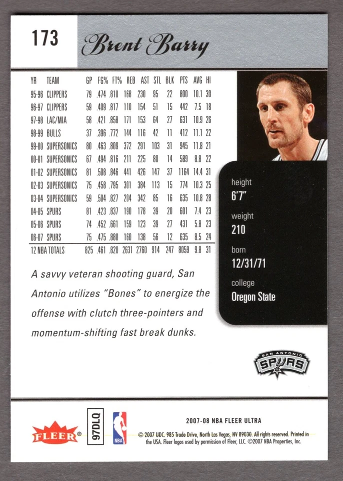2007-08 FLEER ULTRA BRENT BARRY CARD #173 **NM-MT** SAN ANTONIO SPURS - Image 2 of 2