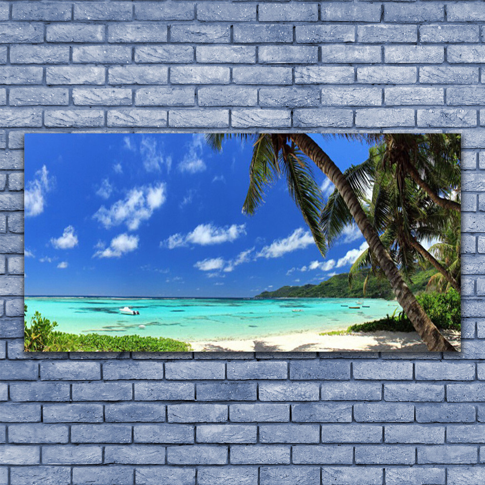Impression sur verre 140x70 d'art contemporain avec vue mer et palmiers