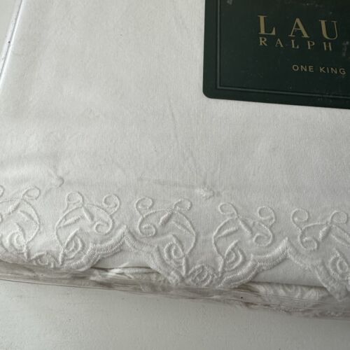 De Colección Ralph Lauren BRITTANY Encaje Blanco Vietra Bordada KING Hoja Plana NUEVA - Imagen 4 de 7